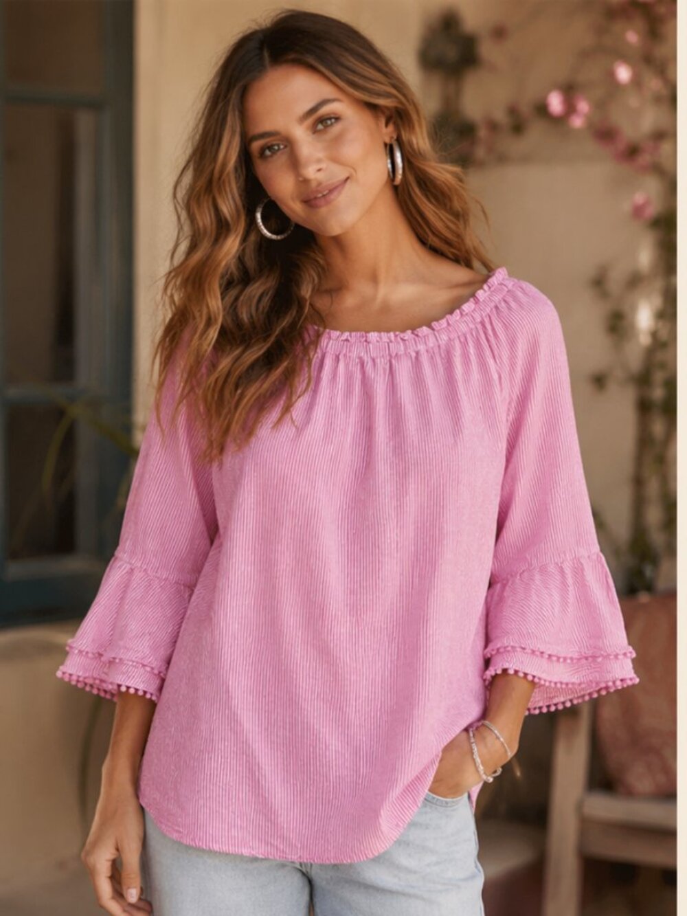 Talbots Linen Blend Peasant Top XL Pink Stripe Off Shoulder Coastal Beach